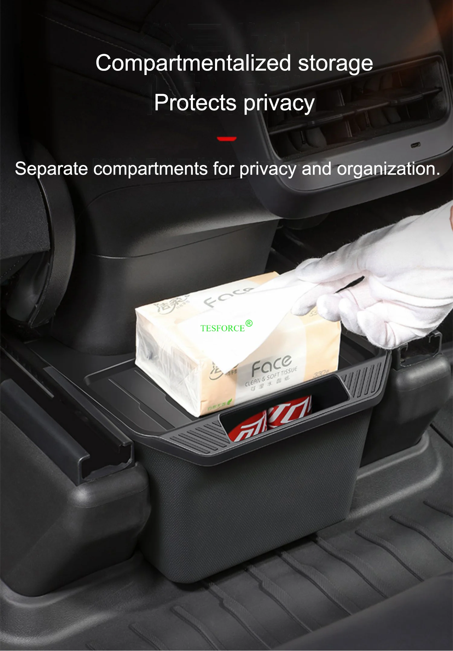 Boîte Rangement Arrière Tesla Model Y - Console Centrale Sous Siège | Organisateur Antidérapant + Couvercle
