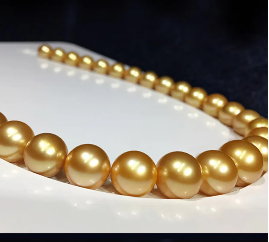

Роскошное 17 "12-14 мм натуральное золото Южного моря с круглым жемчугом, ювелирные изделия 1033AA