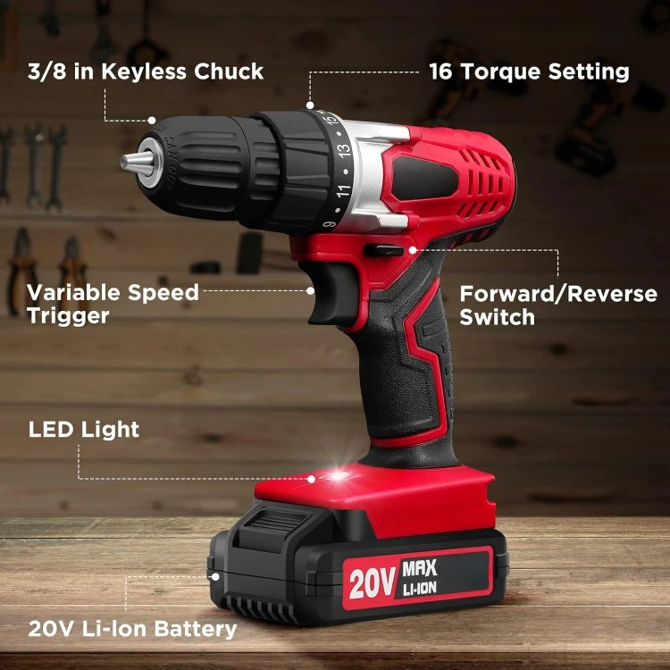 20V MAX Lithium lon Cordless Drill Set, Power Drill Kit with Battery and Charger, 3/8-Inch Keyless Chuck