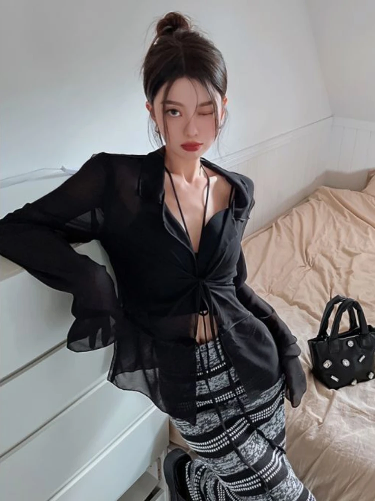Sexy Three Pieces Sets Women Summer Sun-proof Shirts Hotsweet Simple Camisoles Slim All-match Striped Skirts Graceful Ulzzang