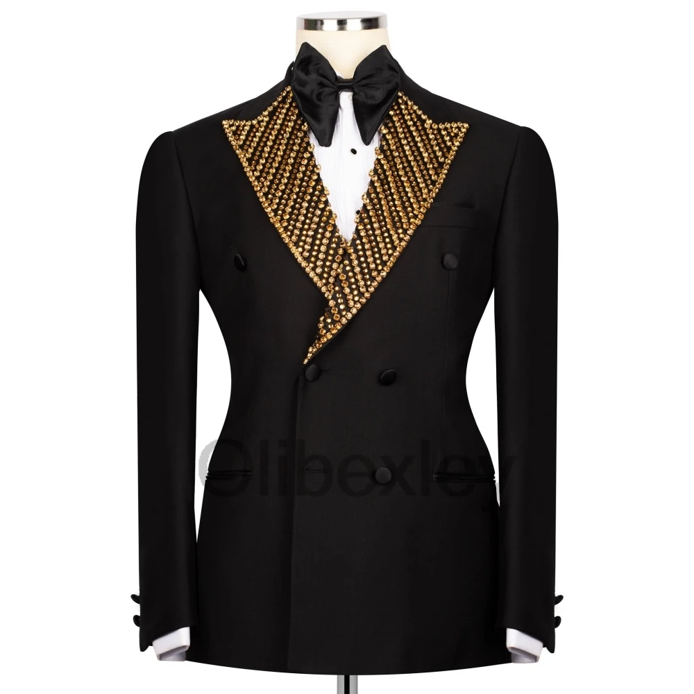 Olibexley Luxury Brown Men Suits Set 3 Piece Gold Diamond Beaded Tuxedo Wedding party Groom Blazer Ropa Hombre Customized S218
