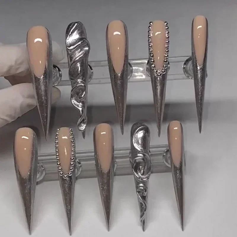 Custom Handmade Silver 3D French 7CM Long Stiletto Press On Nails XXXL False Nail Tips Coffin Acrylic Fake Nail With Glue Party