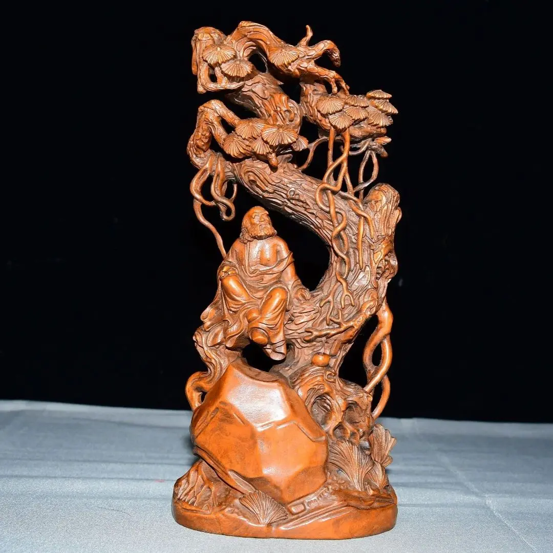 Hand Carved Wood Pine tree daruma buddha Statue Figurine Desktop Ornaments Home Decoration