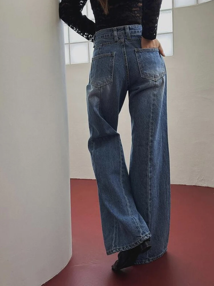Jeans Azules Retro de Cintura Alta y Corte Ajustado para Mujer, Plones Largos de Pierna Ancha dos Versátiles para Oto...