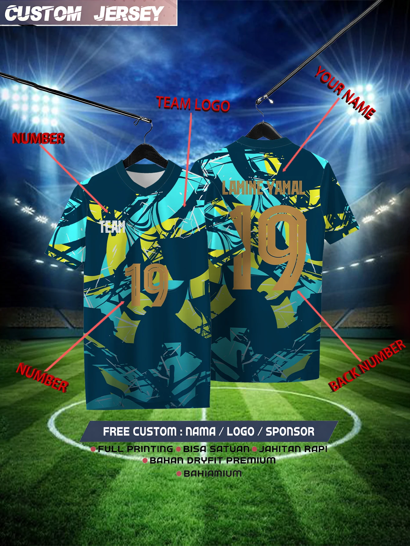 

Customized Geometric Multi-color Short Sleeved Shirt with Team Name, Emblem, Name and Number, Outdoor Sports Short Sleeved Shirt