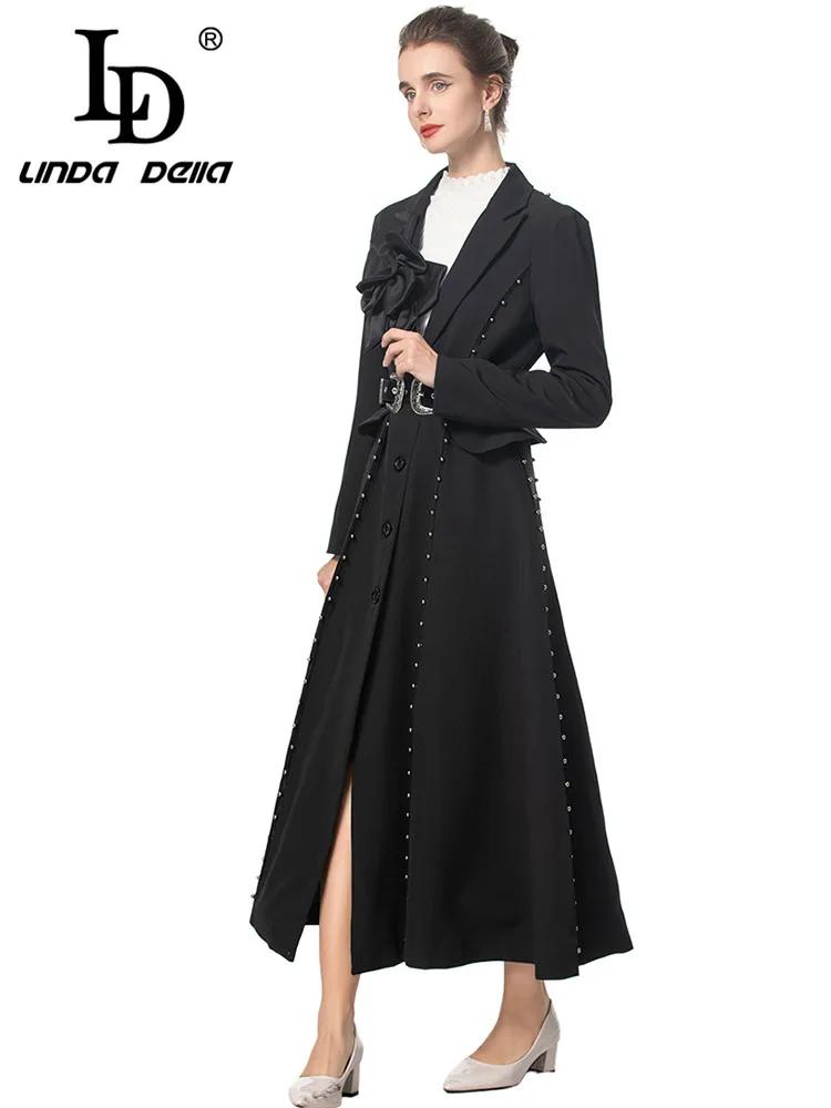 LD LINDA DELLA Women\'s Fashion Coat Autumn and Winter Long Sleeved Single-Breasted Sashes Slim Streetwear Appliques Overcoat