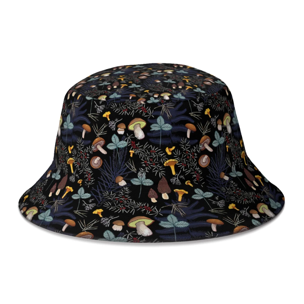 Dark Wild Forest Mushrooms Polyester Bucket Hats Unisex Full Printed Panama Fisherman Cap Outdoor Sun Hat