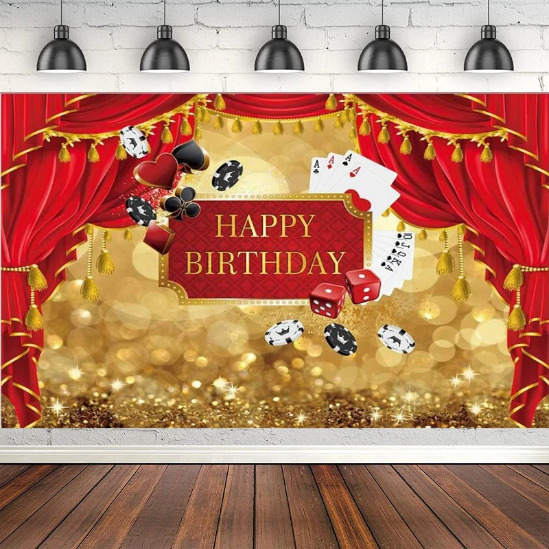 Happy Birthday Photography Backdrop Royal Casino Golden Glitter Background Red Curtain Poker Party Decoration Cake Table Banner