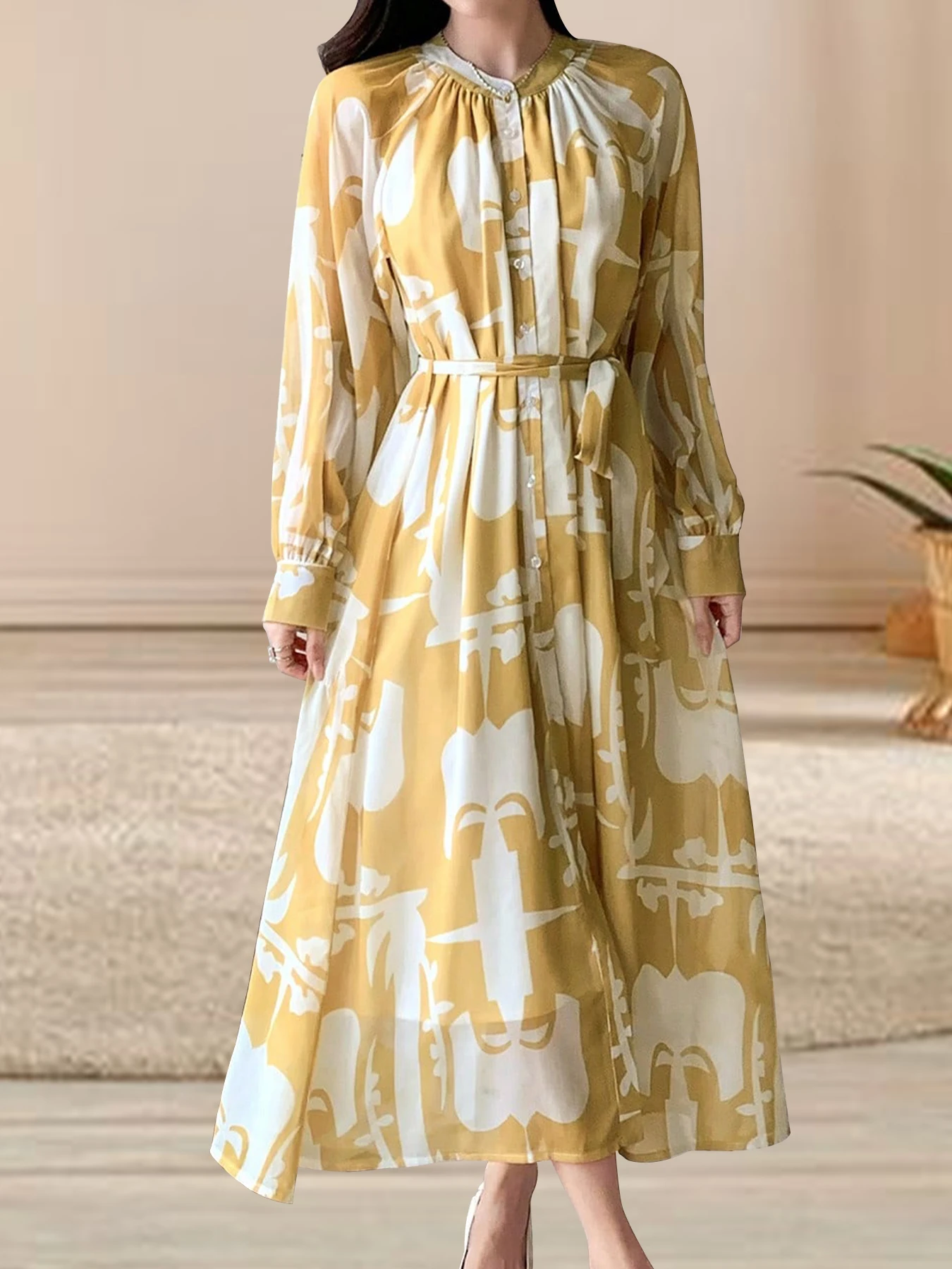 High end silk flowing dress with women's summer temperament printed long skirt, waist belt, long sleeved new silk shirt skirt