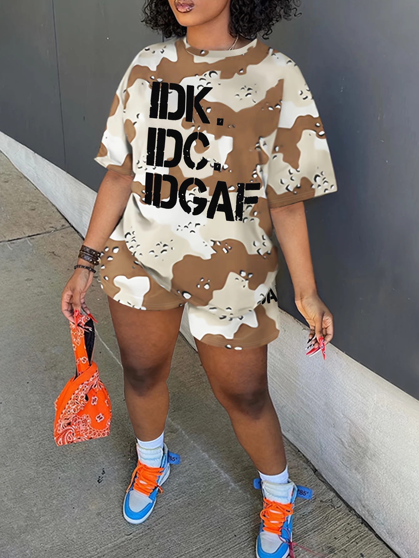 LW plus size Camo Letter Print Shorts Set Women\'s Casual Loose Short Sleeved T-shirt +short sets summer Two-piece Set