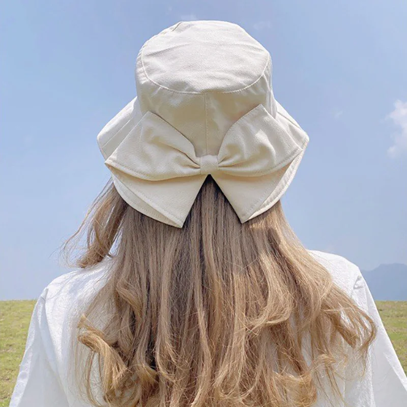 Damenmütze, Schleife, modisch, niedlich, süß, Kawaii, Eimerhüte, Sommerurlaub, Reisen, große Krempe, Sonnenschutz, Sonnenschutzhüte für Damen