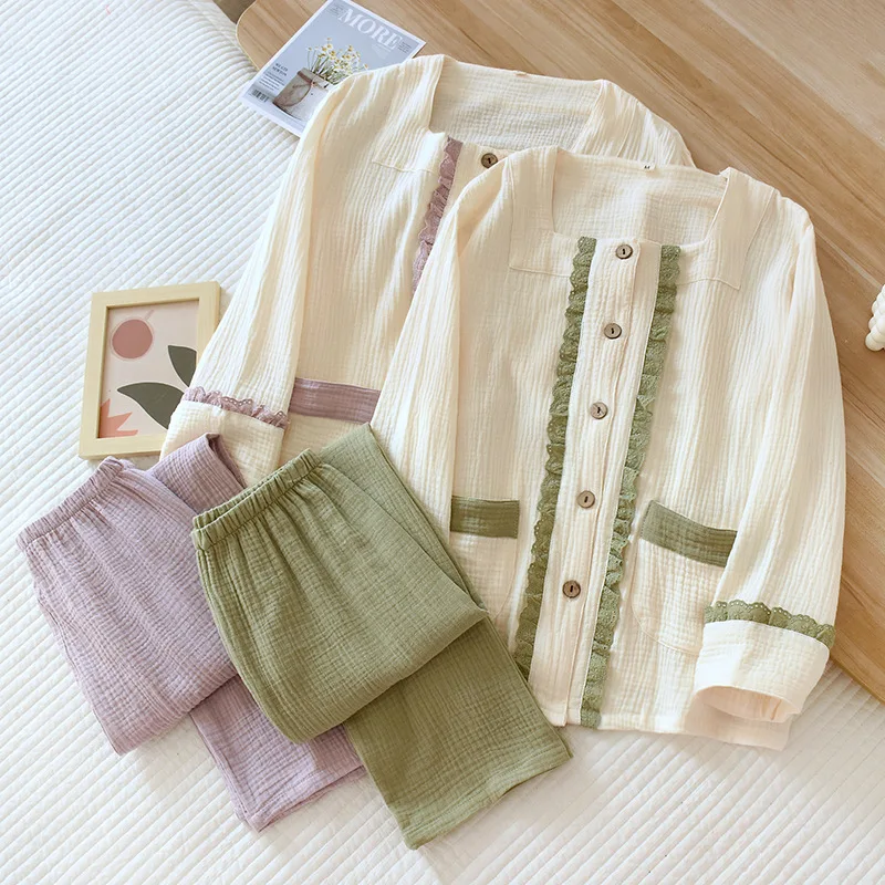 

Sweet pajamas sets women 100% double gauze wrinkly cotton O-neck long sleeve pure cotton sleepwear pijama mujer