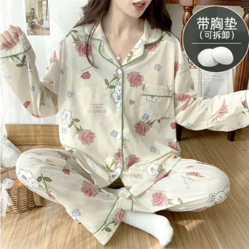 Pyjama deux pièces imprimé dessin animé pour femme, grande taille, coussin de poitrine, automne, printemps, faux coton, vêtements de maison, pantalon coréen, ensemble haut