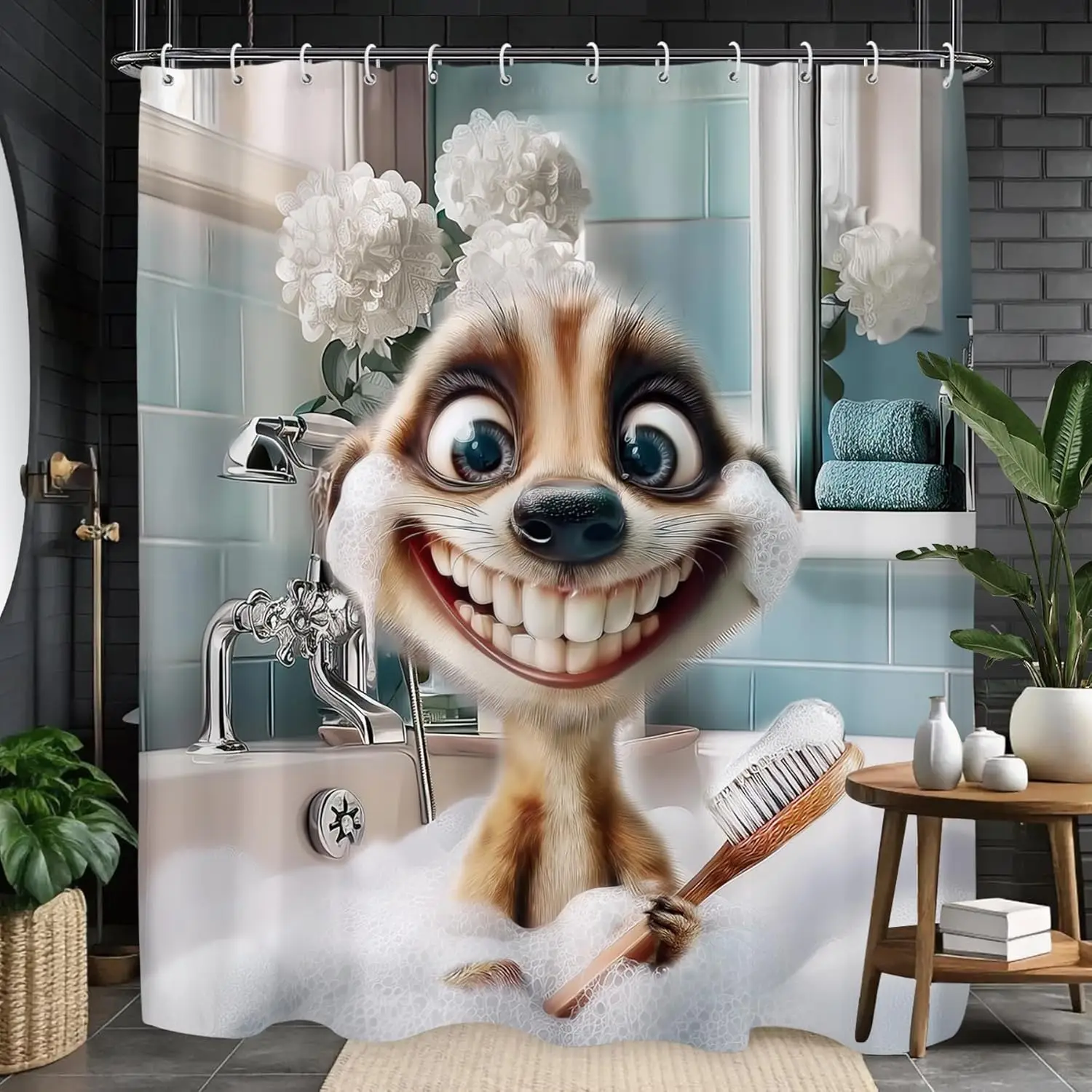 

Funny Meerkat Shower Curtain Cute Animal Hilarious Interesting Wildlife Home Bathroom Decor Hooks