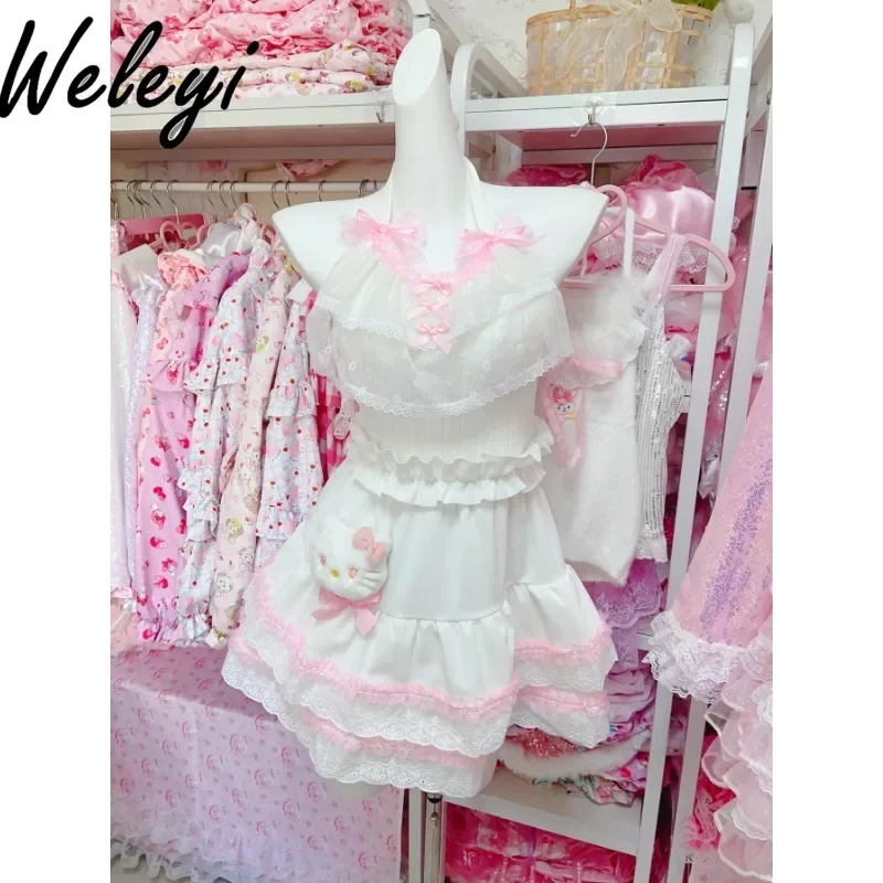 Kawaii Korean Fashion Skirt Suit Women's 2024 Summer Clothing Cute Streetwear Rabbit Cat Sling A Line Cake Skirts Two Piece Set