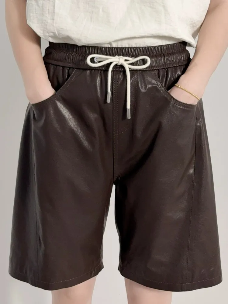청소년 숙녀 레저 스타일 솔리드 컬러 탄성 허리 정품 가죽 반바지 포켓 레이스 업 편안한 양피 짧은 바지