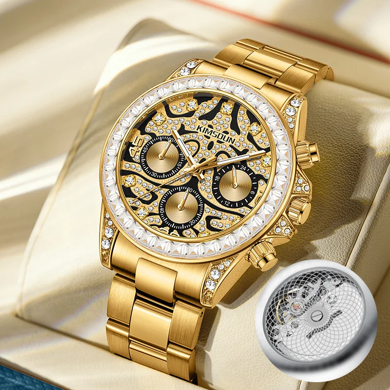 44mm men's tiger eye dial moon gold watch multifunctional luxury all gold men's three eye six pin quartz watch