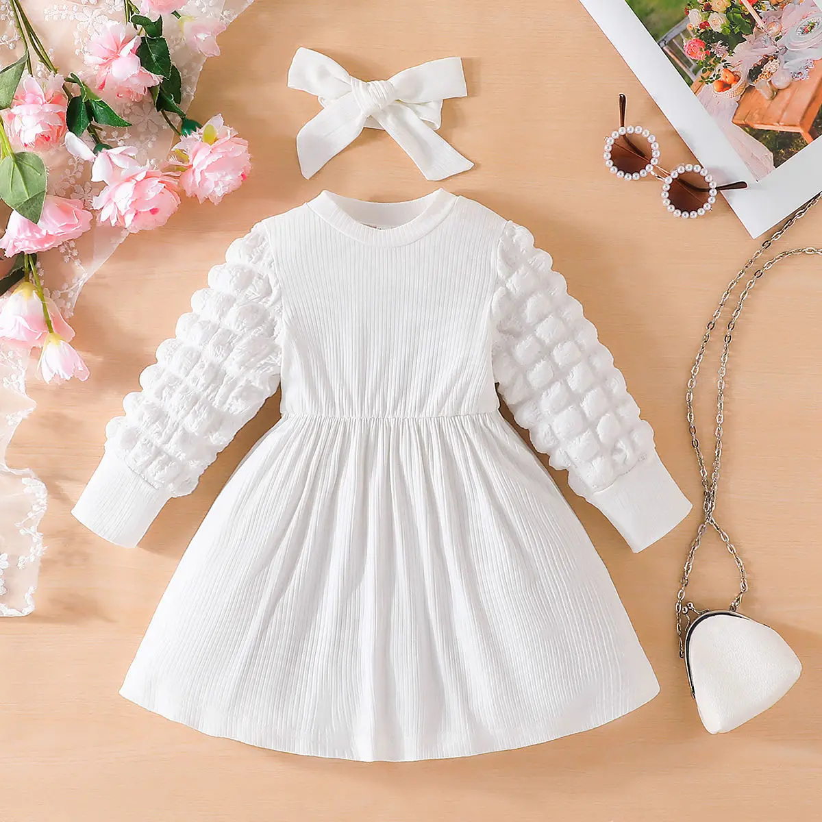 

Laura Kors 2023 New Winter New Arrivals Girls Dress Long Sleeve O Neck Bow White Sweet Baby Dress Vestidos 0-2T