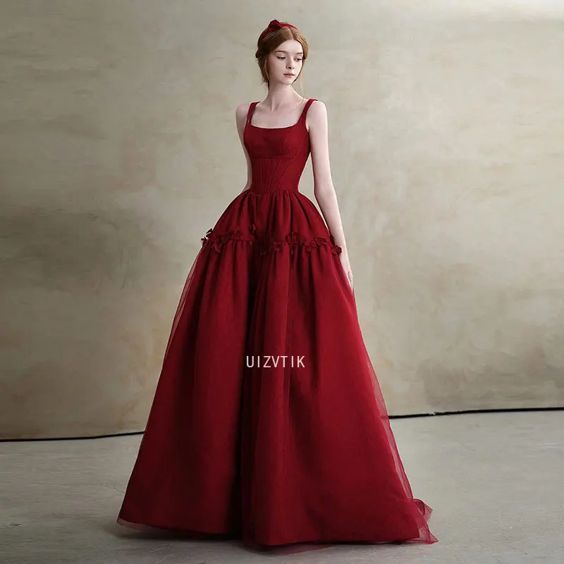Wine Red Long Evening Party Dress Women Stain Spaghetti Strap Prom Dress Simple Elegant Banquet Formal Occasion Dress Vestidos