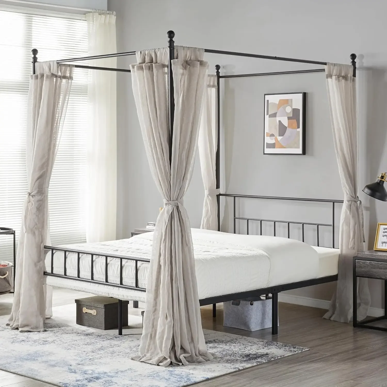 Estructura de cama con plataforma, base de colchón con dosel de cuatro pilares, con cabecero y reposapiés