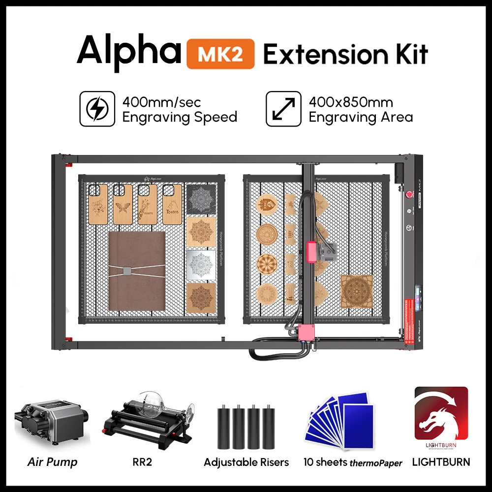 

AlgoLaser Alpha MK2 20W Laser Engraver Cutter with Rotary Roller/Honeycomb Platform 2pcs /Riasers/Extension Kit/LightBurn/Gifts