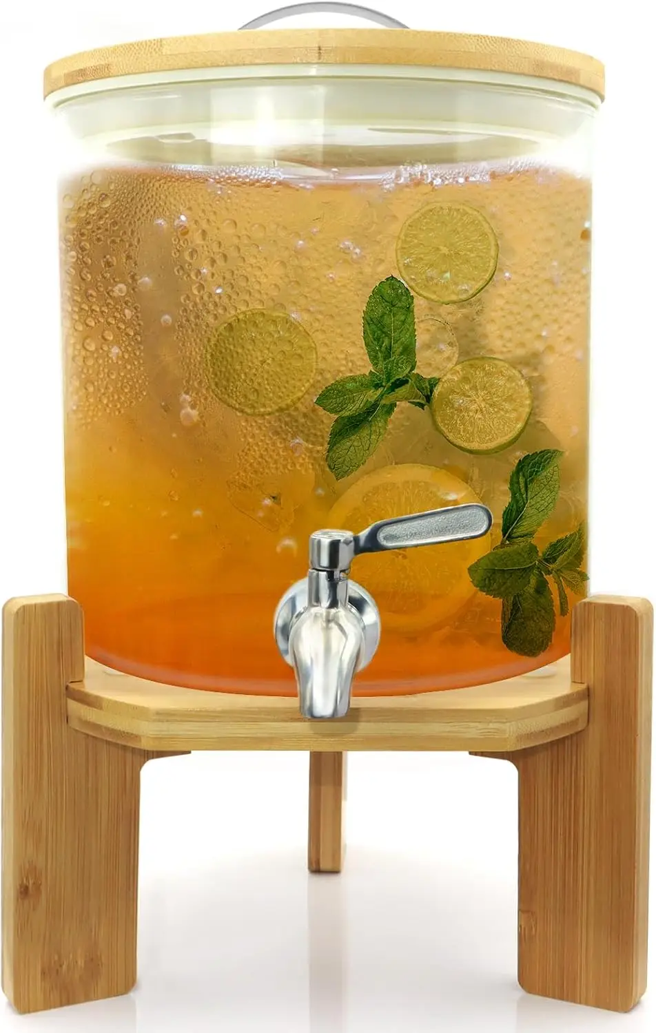 Glass Drink Dispenser with Stand,1.5 Gallons Wood Stand Cold Beverage Dispensers,Glass Beverage Dispenser for Parties,Bars