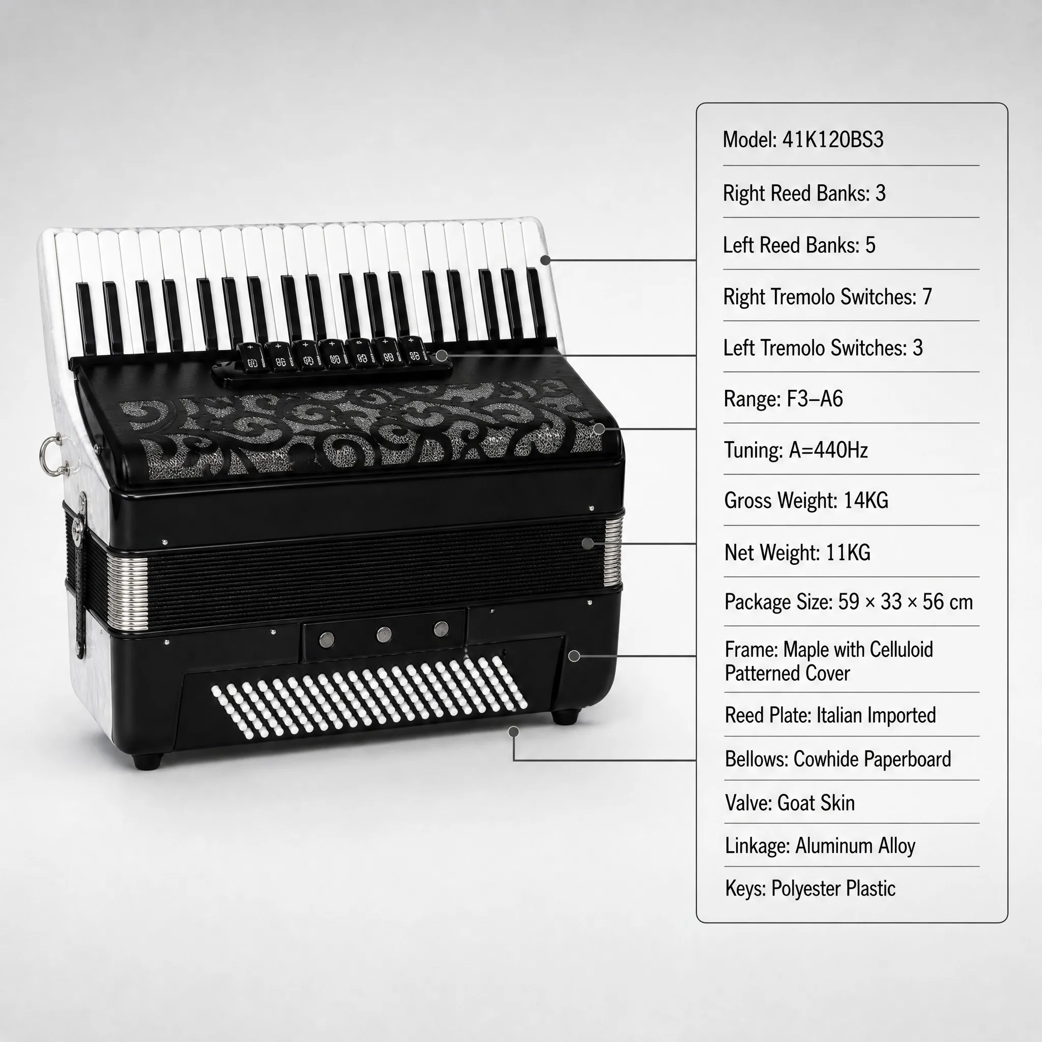 Portable 41K120BS3 Chromatic Accordion Imported Reeds Carved Panel For Professional Grade Exam