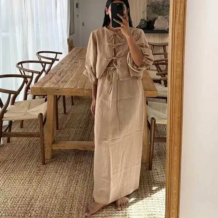 

Long Sve Bubble Sve Irt And Skirt Set Женский модный летний наряд Хлопковый круглый пуловер Ne Комплект из двух предметов