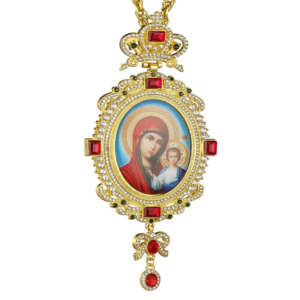 Golden Color Long Pectoral Necklace Orthodox Greek Virgin Mary Round Religious Jewelry Pendant Necklace Baptism Gift