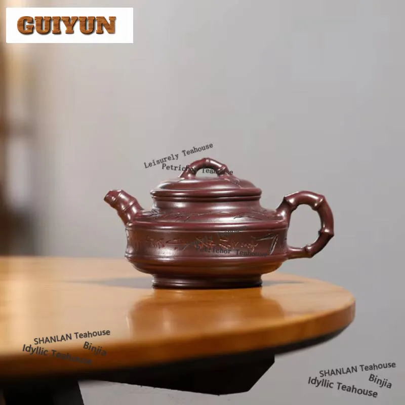 255ml Zen Yixing Purple Clay Teapots Handmade Double Line Bamboo Drum Pot Raw Ore Iron Blood Red Sand Mud Kettle Zisha Tea Set