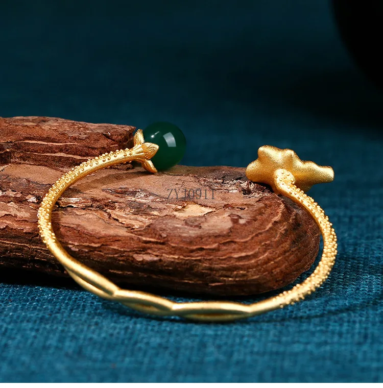 *Ethnic Palace Style Cuff Bracelets for Women Lotus Flower Leaf Shaped Charm Bangle Gold