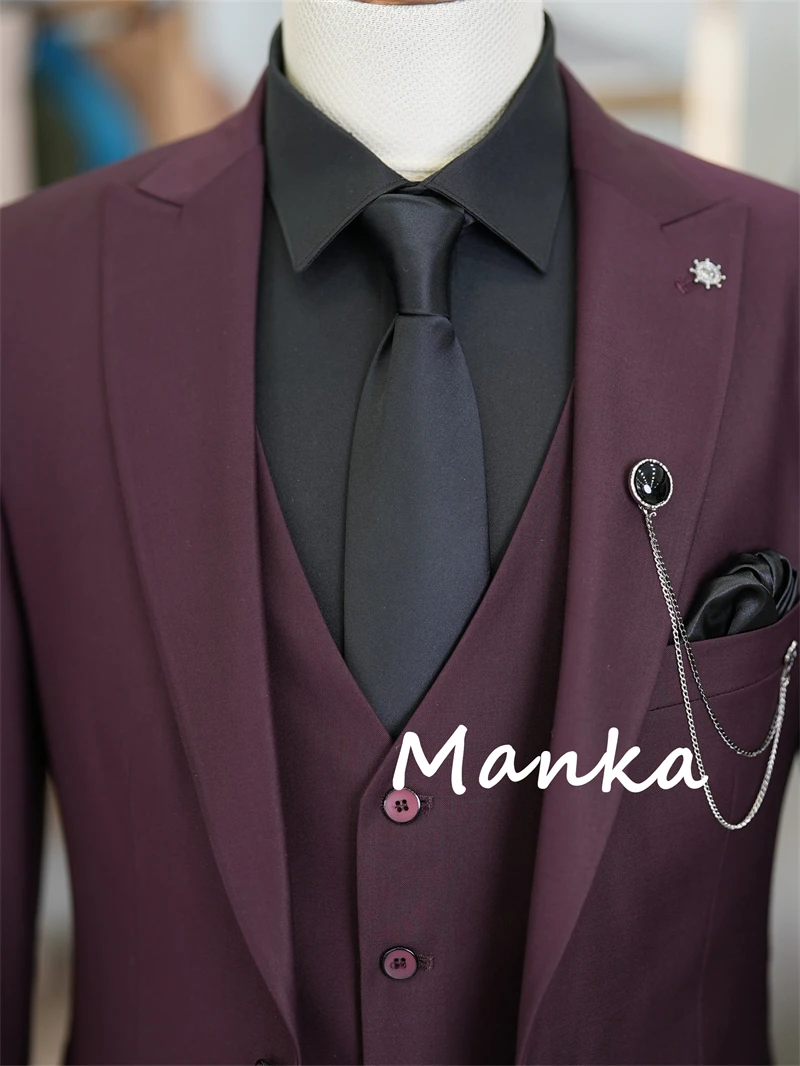 Classic Burgundy Men's Suits for Wedding Party Slim Fit 3PCS Blazer Vest Pants Formal Business Office Male Suit