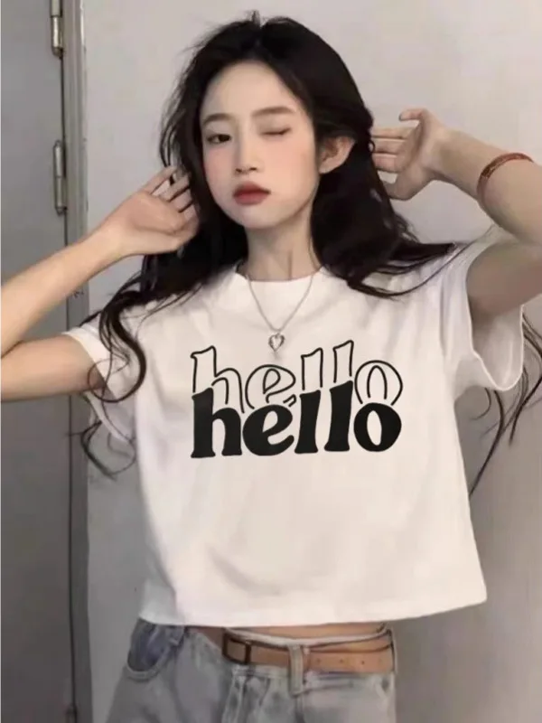 

Белая футболка Slim Fit с коротким рукавом в корейском стиле, модная, с принтом, из смесового хлопка и полиэстера, укороченная, с круглым вырезом