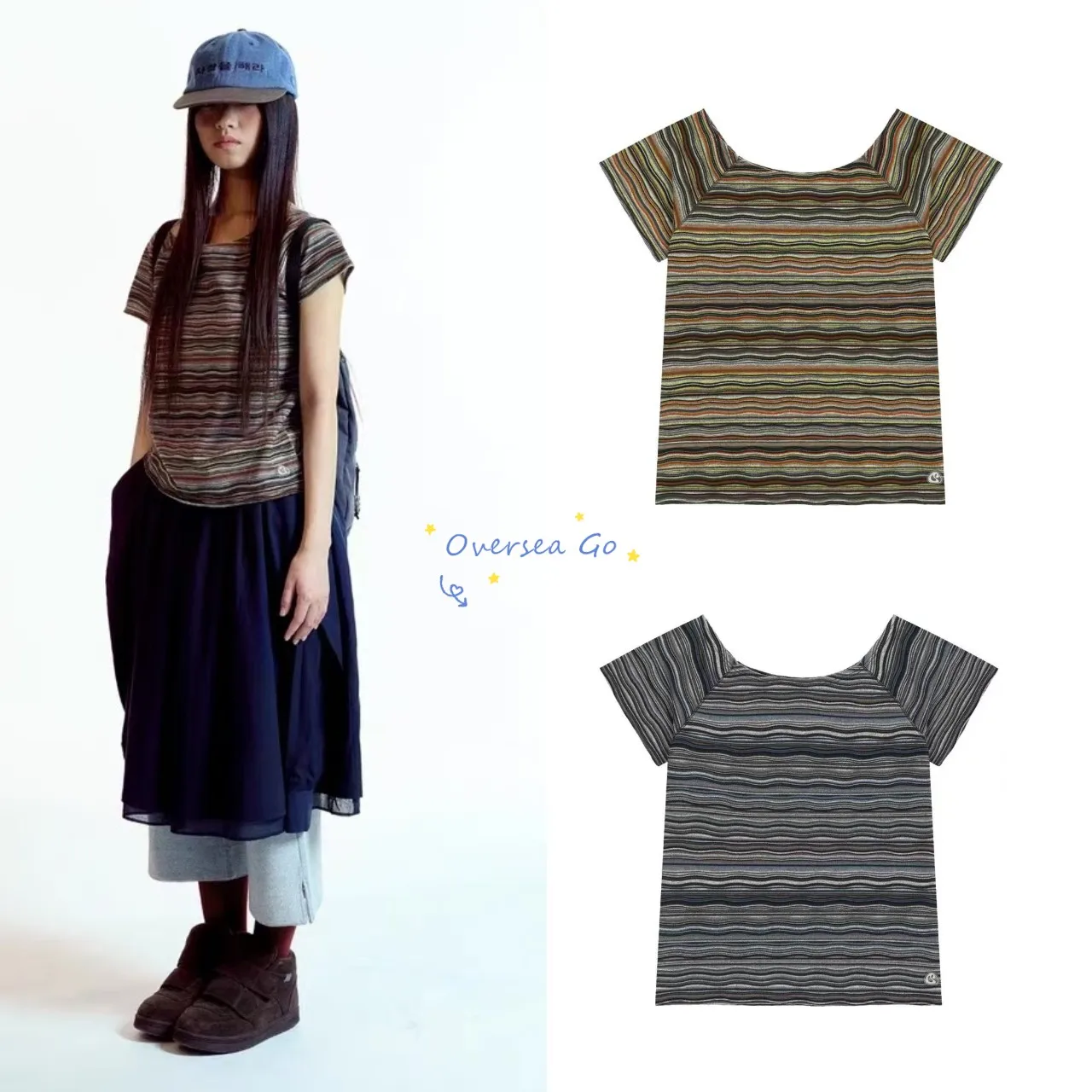 Coyseio 2026 New Retro Millennium Striped Color Block Casual round Neck Shoulder Bared Short Sleeve T Shirt Women's Fashion