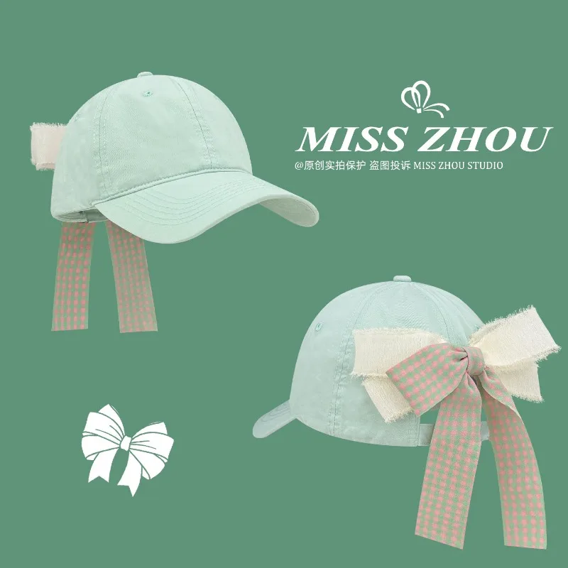 Ins Fresh Macaroon Color Sweet Lace Bow Strap Baseball Cap Y2K Spring Summer Travel Sun Protection Versatile Cute Women's Hats