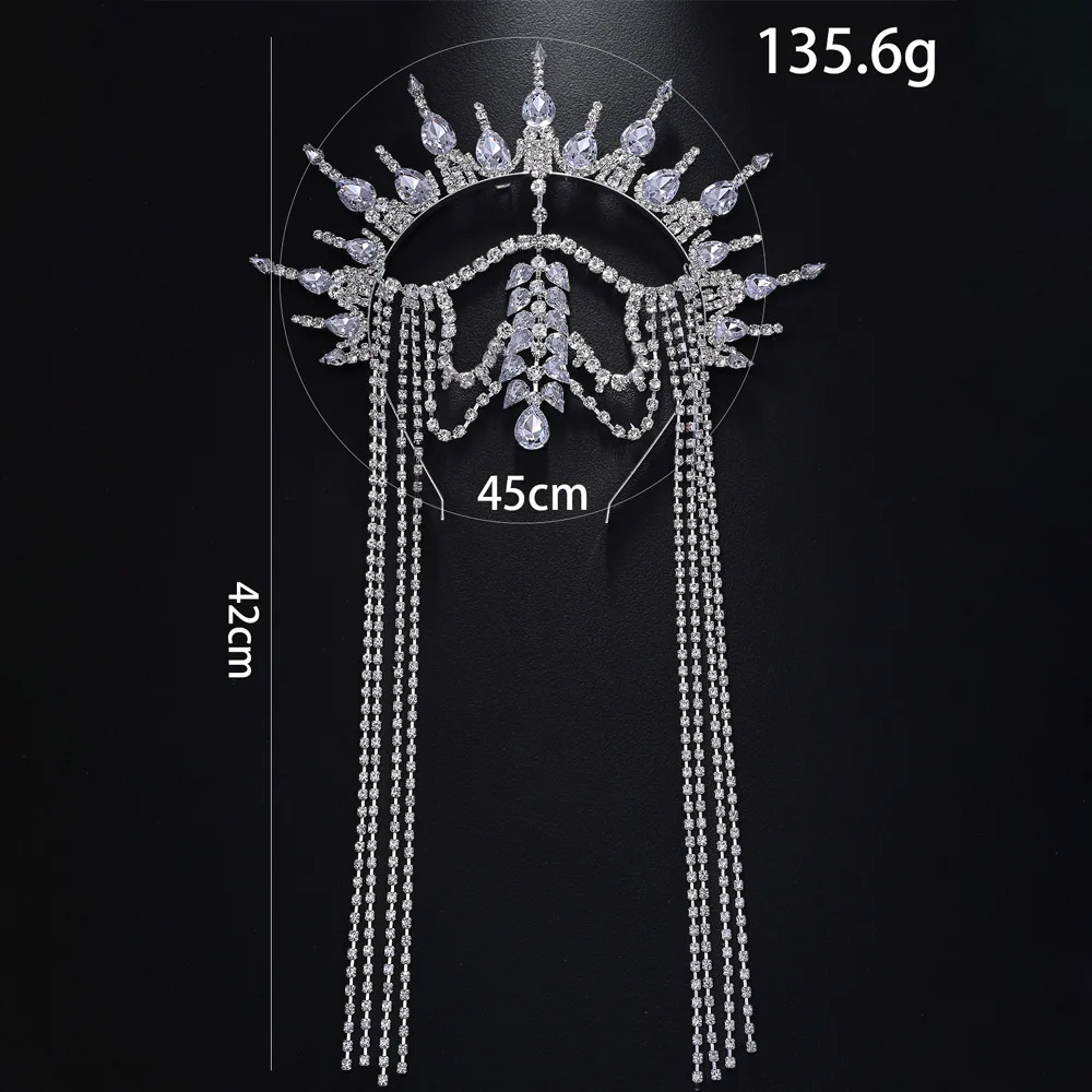 Exaggerated Black Tassel Crown Headband Women Queen Accessories Carnival Geometric Rhinestone Headpiece Chain Masquerade Jewelry