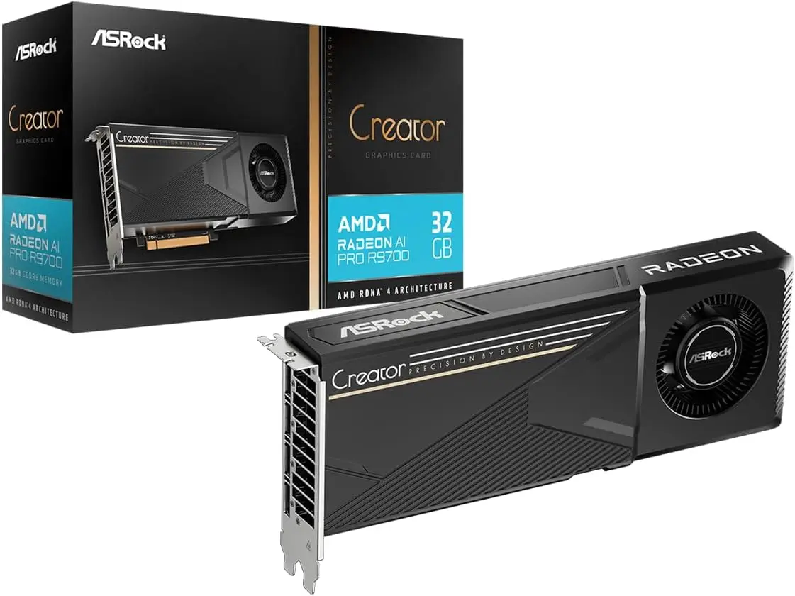 

Профессиональная видеокарта ASRock Radeon AI PRO R9700 Creator 32 ГБ, тактовая частота 2920 МГц, 32 ГБ GDDR6, AMD RDNA 4, AI
