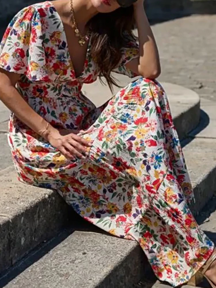 Senhoras sexy com decote em v plissado bohe vestido longo elegante padrão impressão férias vestido de festa moda altura cintura solta vestido de manga curta
