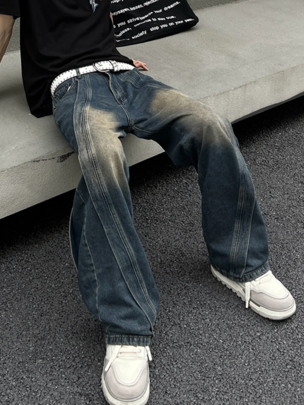 

American High Street Unique Patchwork Deconstructed Mud Dye Blue Jeans Men's Loose Straight Leg Wide Leg Casual Long Pants