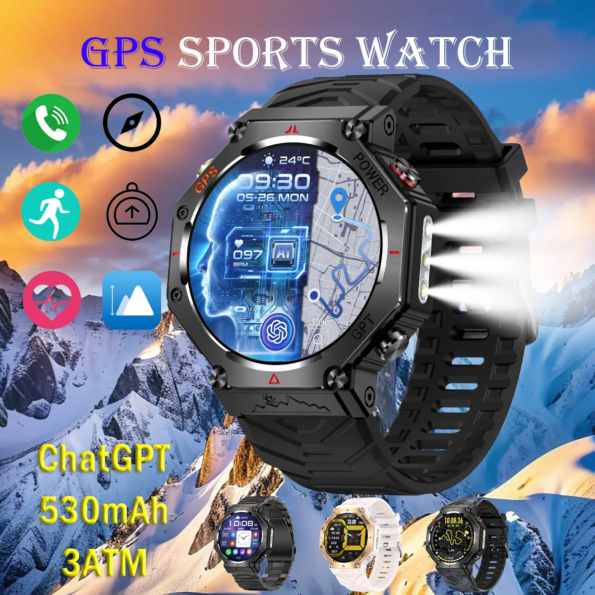 

Новые спортивные часы с GPS, уличный компас, фонарик, трехуровневые умные часы, водонепроницаемые, Bluetooth, вызов, измерение HR, умные часы
