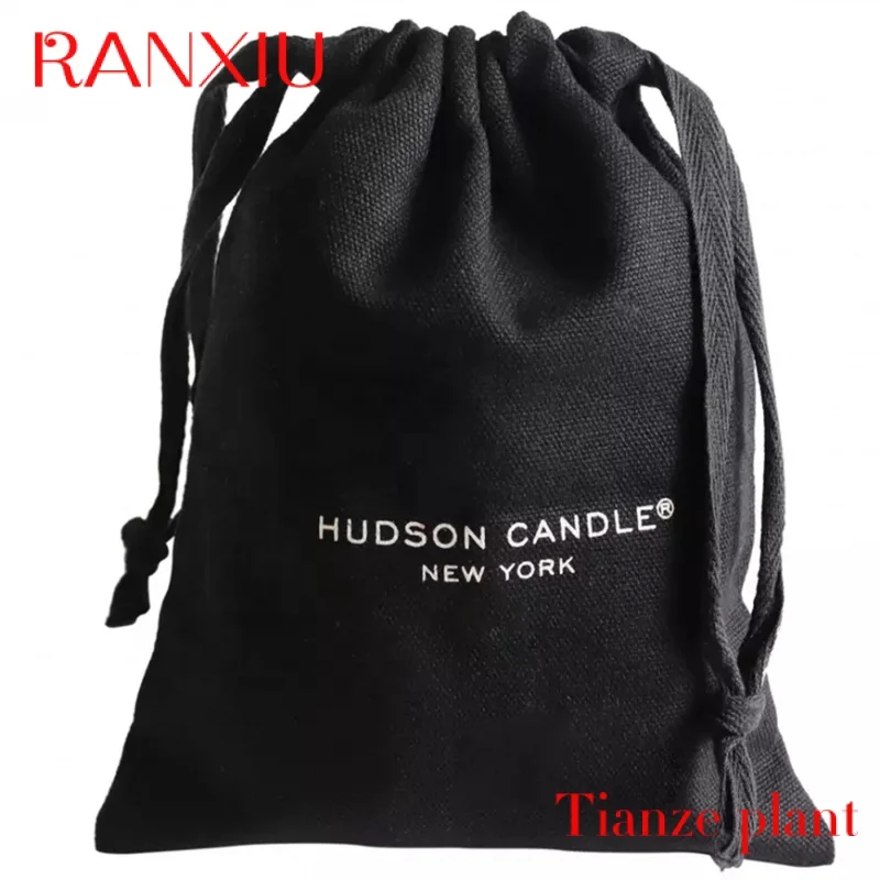 Custom High quality medium black cotton canvas dust bag with white printing logo for cap shoe hats packaging storage drawstring 