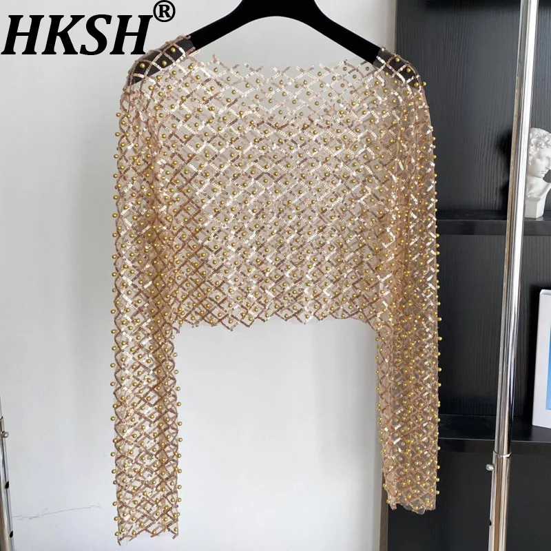 

HKSH Новые летние женские футболки с круглым вырезом и длинными рукавами, расшитые бисером и блестками, тонкие прозрачные солнцезащитные трендовые футболки, универсальные сексуальные шикарные топы HK16449