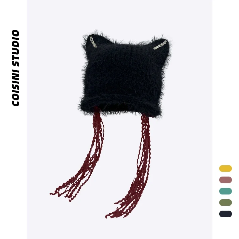 Y2K Cute Cat Ear Fringed Beanies Cap for Women Autumn Winter Travel To Keep Warm and Fashionable Versatile Plush Knitted Hat