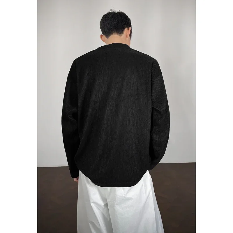 Men Casual Notch Neck Long Sleeve Top Wrinkle Crepe Fabric Loose Cut All Match Vacation Wear Shirt view 4