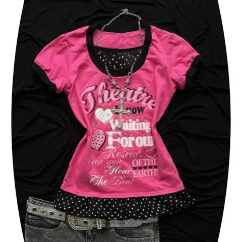 American Retro Sweetheart Letter Print Fake Two-piece Short-sleeved T-shirt Y2K Fashion Niche Hot Girl Slim Harajuku Casual Top