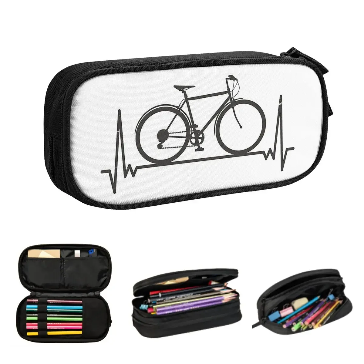 Heartbeat Bike Pencil Cases Large Storage Pen Bags Pen Box Pencil Pouch For Boys Girls Students Stationery School Office