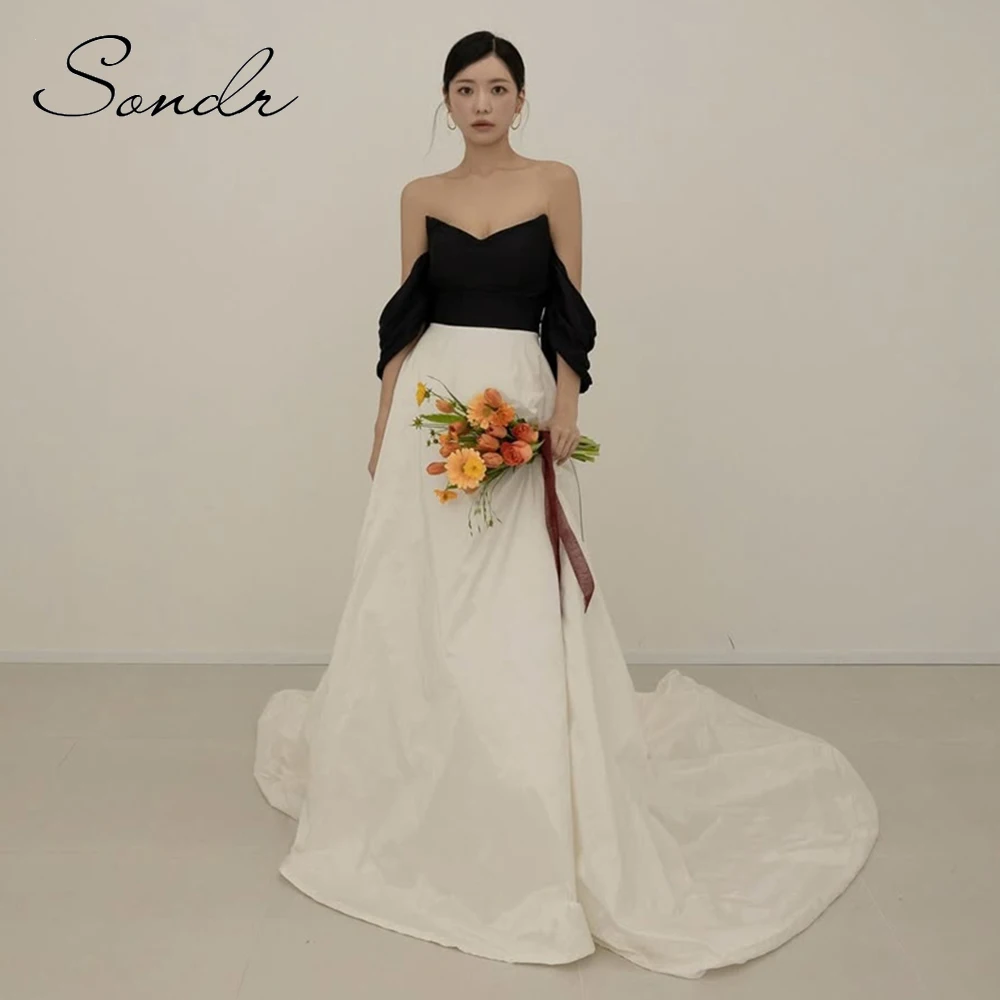 Sondr elegante Japanse trouwjurken op maat gemaakte off-the-shoulder rechter trein bruidsjurk patchwork bruiloft drukknoopjurken