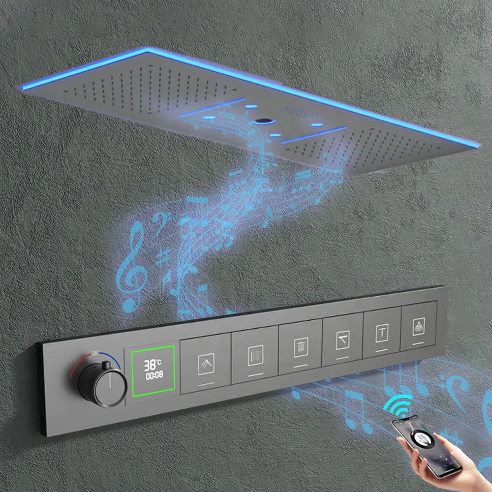 

Душевая система 2026 Tik Tok Ceiling 36*12 дюймов с эффектом дождя и водопада, светодиодная, с музыкальной системой, термостатический смеситель для ванной комнаты