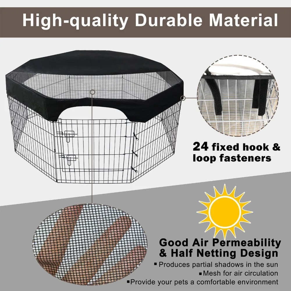 Water Proof Fabric Pet Playpen Top Cover Octagon Shape Breathable Mesh Dog Fence Canopy 24 Inch Fit Black Tone Exercise Pen Roof