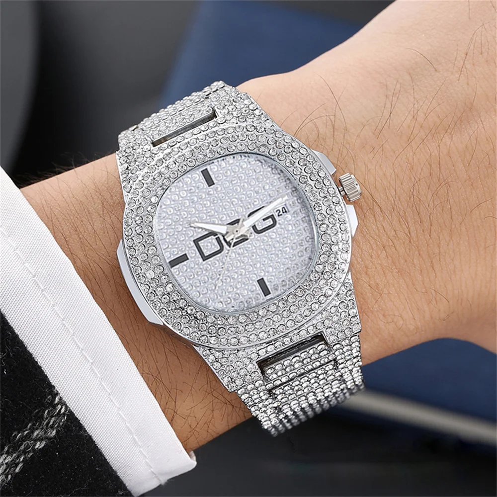 

Luxury Men's Large Dial Full Diamond Calendar Quartz Watch Fashion Stainless Steel Male Simple Clock Wristwatch